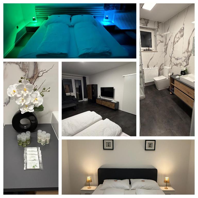 a collage of photos of a bedroom and a bathroom at Airport Apartment Rauchenwarth in Rauchenwarth