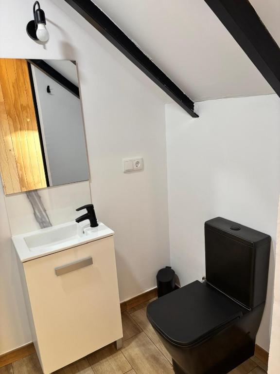 a bathroom with a toilet and a sink and a mirror at La Herrería de Somo 1 in Somo