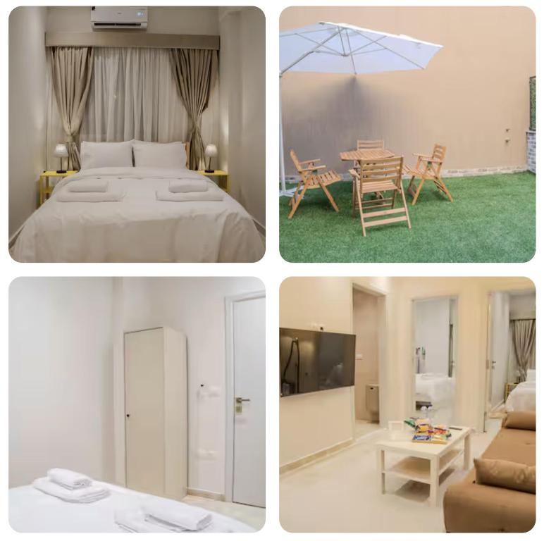 a collage of four pictures of a bedroom and a room at Ground Floor Gem - Patio Lounge in Cairo