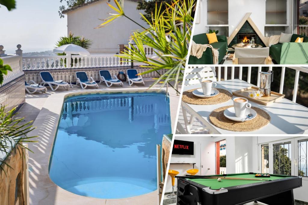 un collage de photos d'une piscine et d'une maison dans l'établissement Villa Miramar with Pool, BBQ, Billiard & Sea View, à Torre de Benagalbón