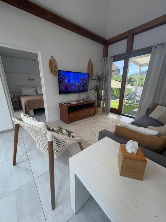 a living room with a couch and a tv at Fully-equipped house with pool in Grande Saline