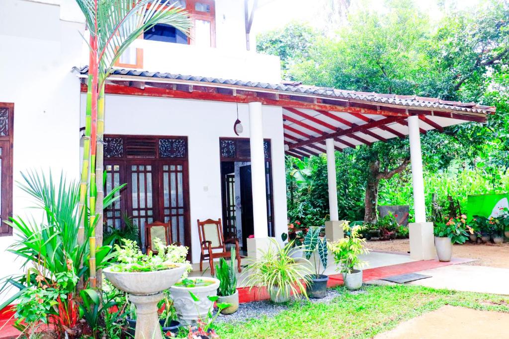 a house with a pergola and some plants at Thisaru Homestay in Weligama