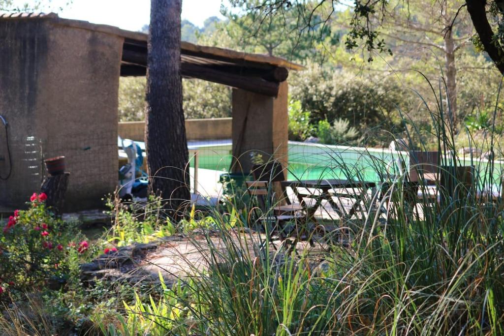 un tavolo da picnic e una panca in giardino di Villa Berger a Mollans-sur-Ouvèze