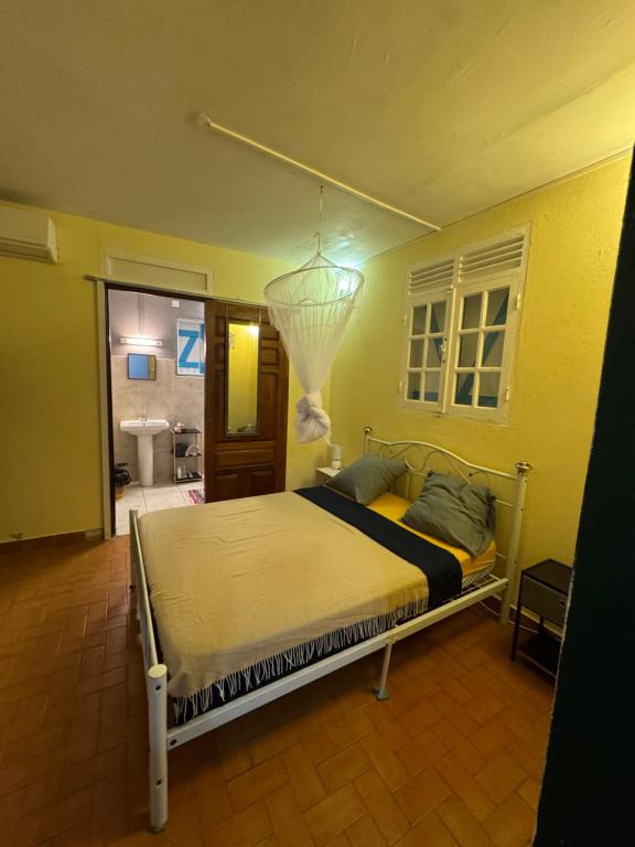 a bedroom with a bed in a room with a bathroom at L'herbe à pic. in Les Abymes