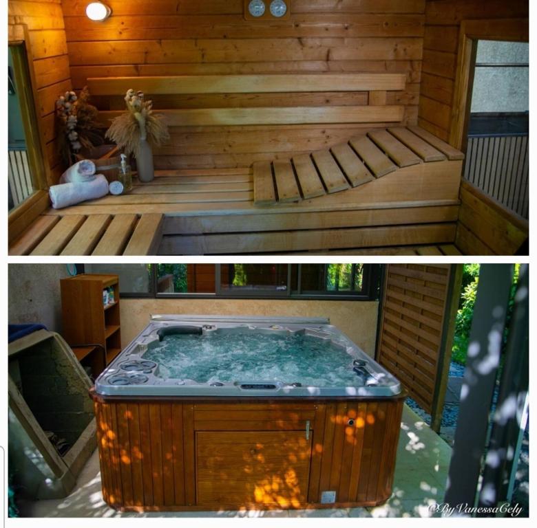 two pictures of a hot tub in a house at Chez Clark et Elo in Bréançon