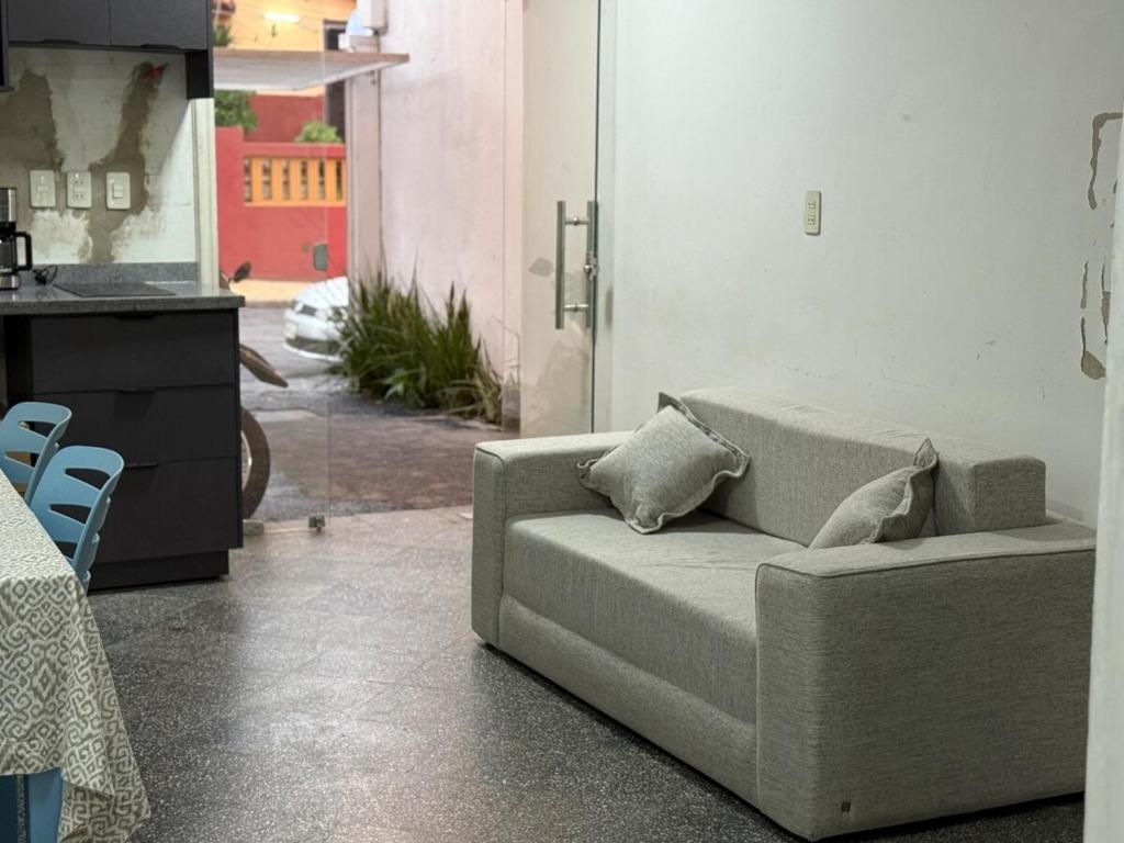 a living room with a couch and a kitchen at Alojamiento para 12 personas a pasos del Estadio Defensores del Chaco in Asuncion