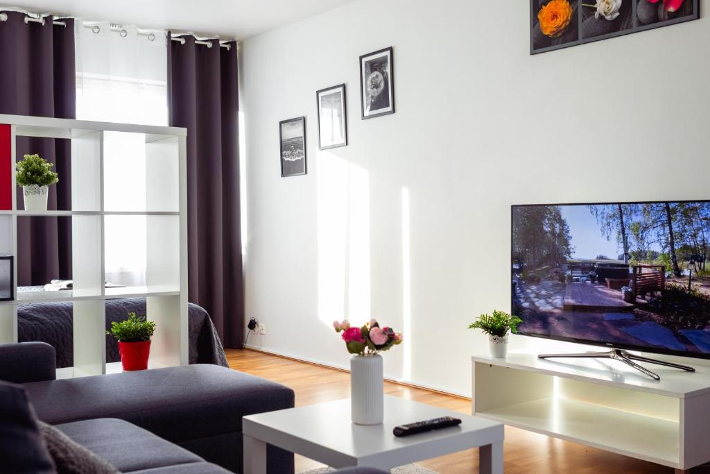 a living room with a couch and a tv at 3-Room Central Railway station in Oulu