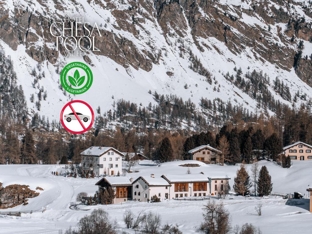 シルス・マリアにあるHotel Chesa Poolの雪山の町