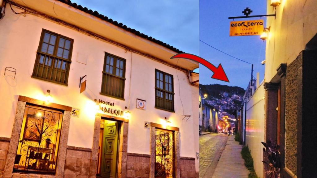 una flecha roja apuntando a un edificio en una calle en ECOTERRA-SAN FRANCISCO Cusco, en Cusco