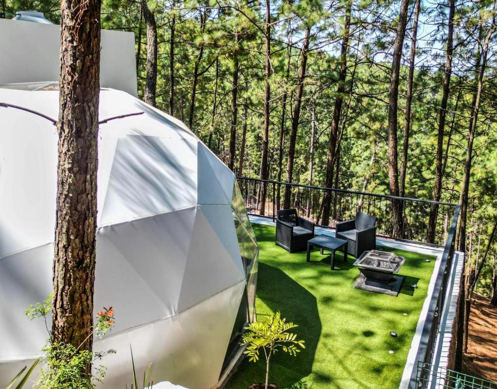 una vista esterna di una casa con un albero di Glamping, Sauna, Jacuzzi en Mazamitla a Mazamitla