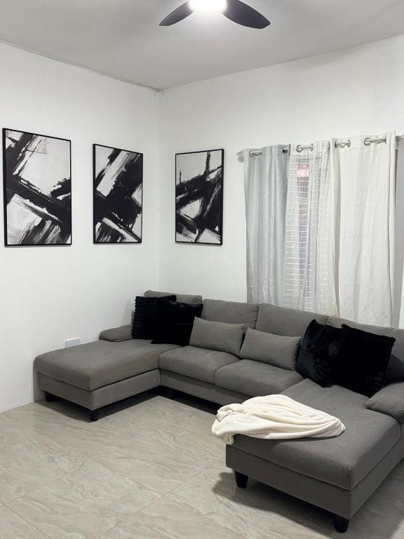 Stony HillStylish Escape at Angella Mansions, Stony Hill的客厅里有一张沙发，墙上挂着画