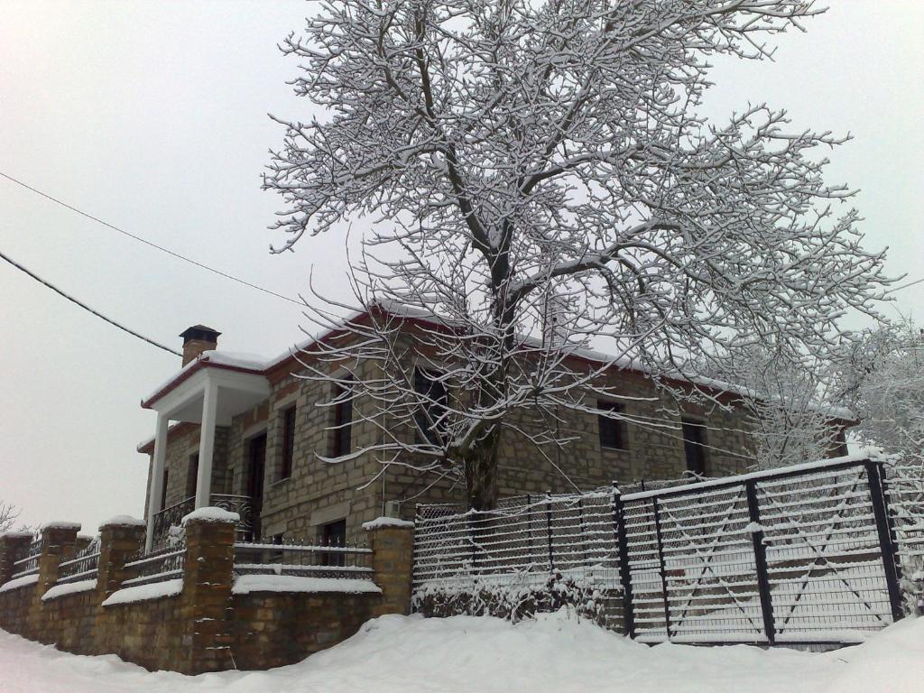 a house with a fence and a tree covered in snow at Traditional Stone House in Aidonia Grevenon in Aidonia