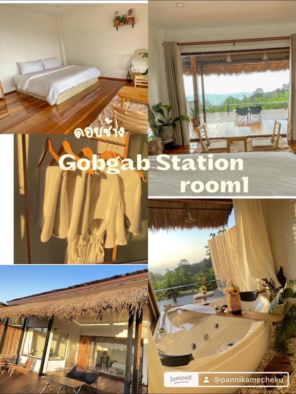 a collage of pictures of a room with a bed and a bathroom at Gobgab Station room1 in Ban Huai Khai