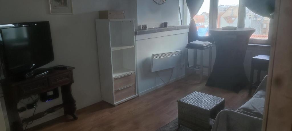 a living room with a couch and a television at Blankenberge seawall in Blankenberge