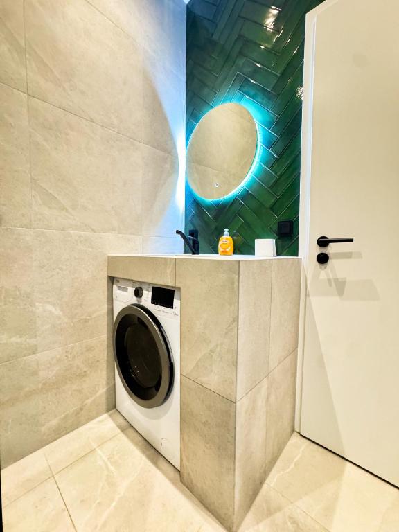 a washing machine in a bathroom with a mirror at Luxe studioappartement 2 gasten - 52-1 in Weener