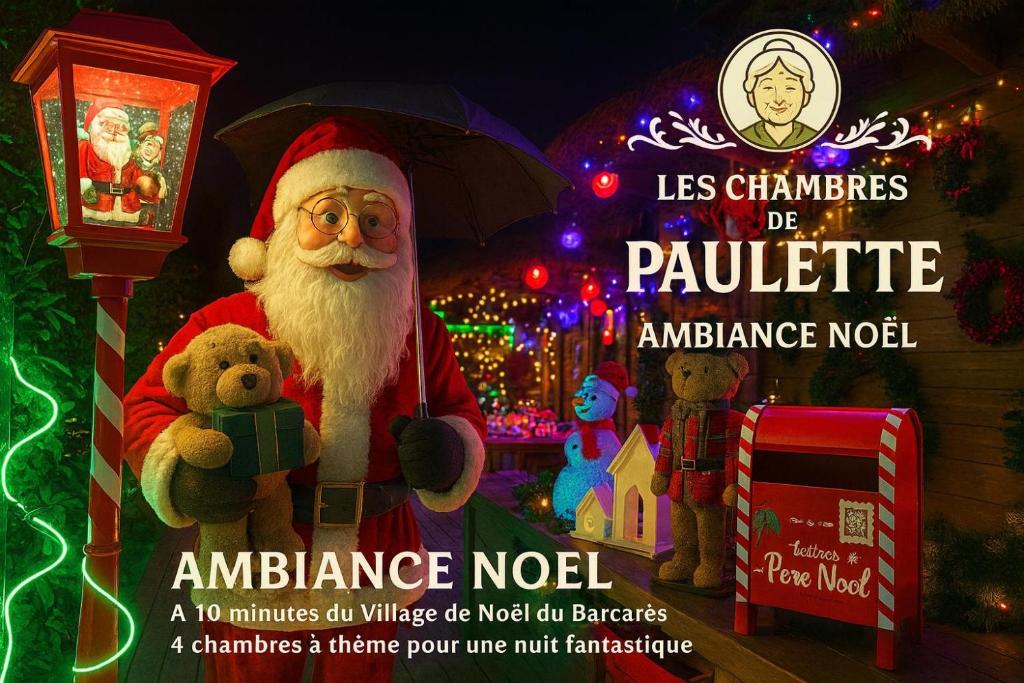 a santa claus holding an umbrella and a teddy bear at Les Chambres de Paulette Chambres à Thème Jack Sparrow in Sainte-Marie-la-Mer