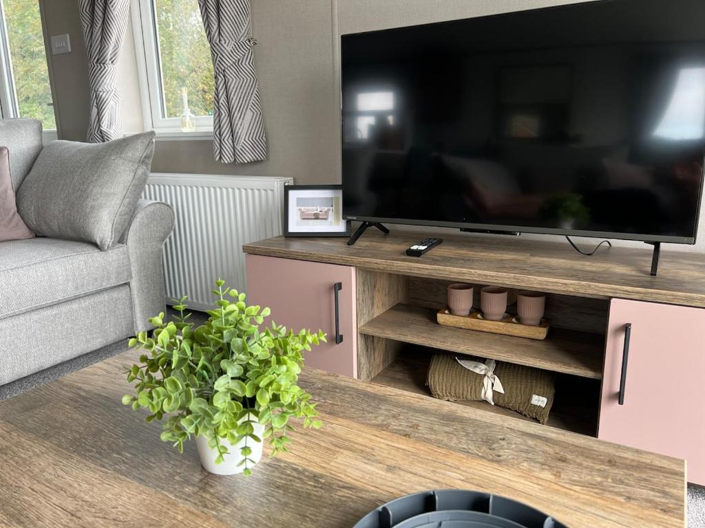 ein Wohnzimmer mit einem Flachbildfernseher auf einem Tisch in der Unterkunft NEW 2025 Modern 3Bedrooms Lodge Walk to Beach in Morecambe