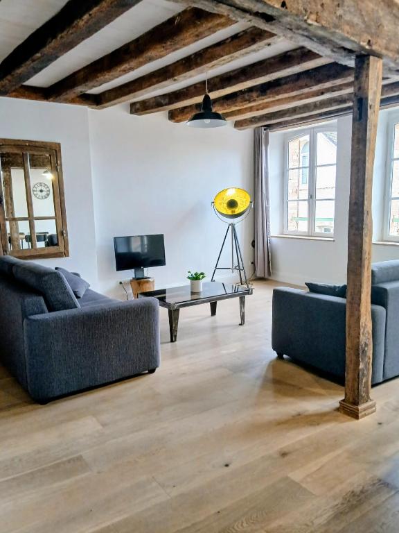 a living room with two couches and a tv at Cottage AU TERMINUS 2 climatisé in Hautvillers