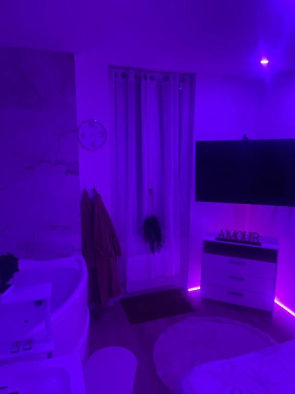 a living room with purple lighting and a tv at Appartement Jacuzzi proche Cité Gastronomique in Dijon