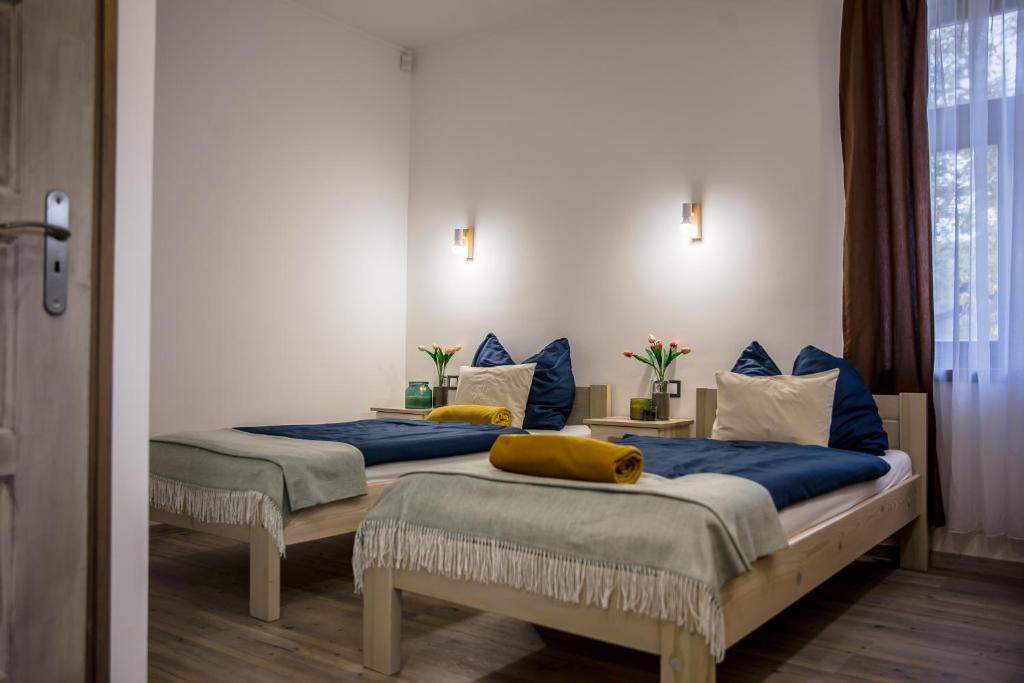 DrégelypalánkHont Vendégház的蓝白相间的房间里有两张床