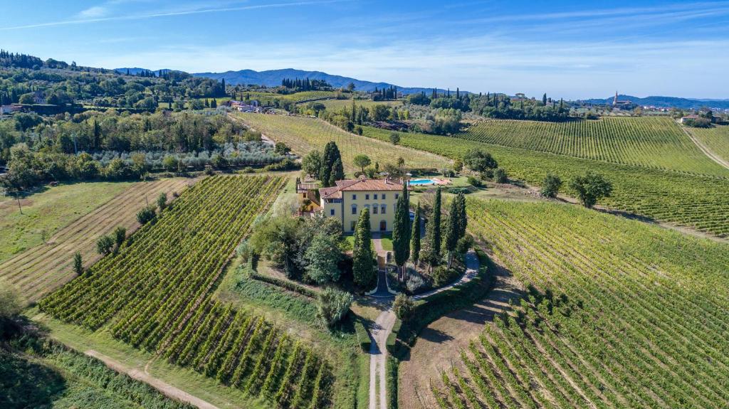 eine Luftaufnahme eines Hauses in einem Weinberg in der Unterkunft Villa Palazzaccio 26, Emma Villas in Arezzo