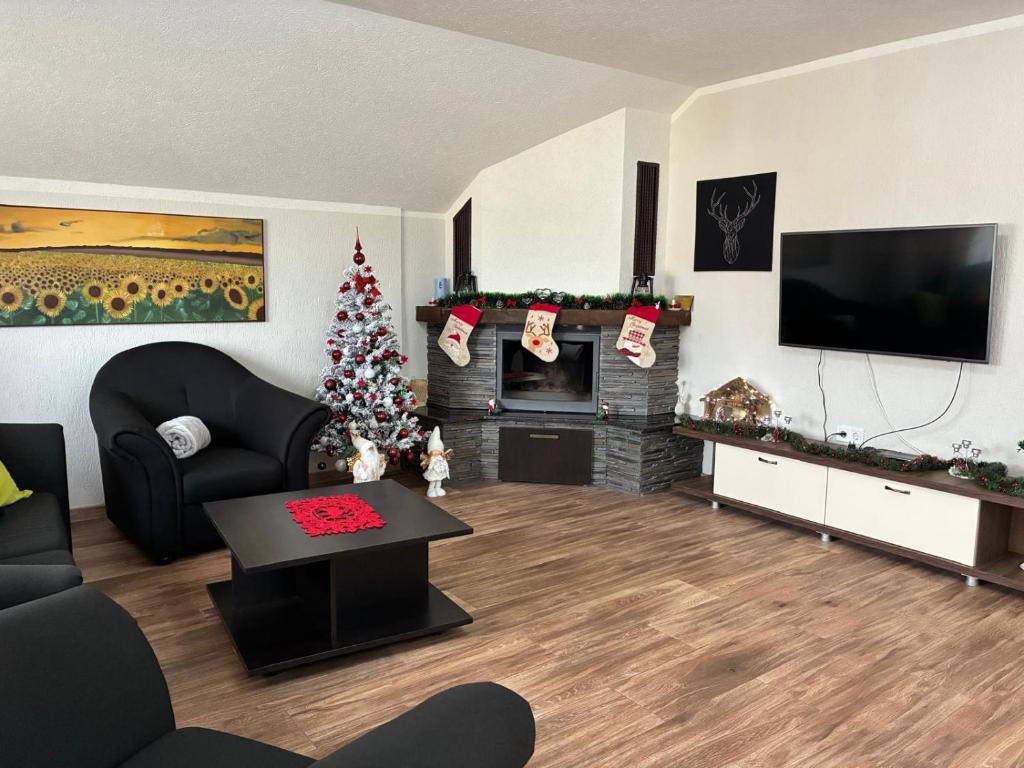 a living room with a christmas tree and a fireplace at Casa Linda in Curtea de Argeş