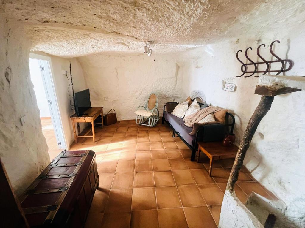 阿尔卡拉德尔胡卡尔Casa cueva del sastre Alcalá del Júcar的石屋中带沙发的客厅