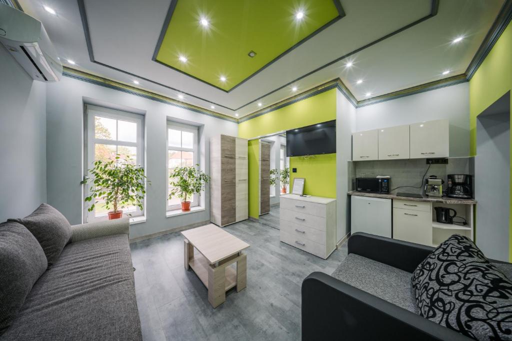 a living room with a couch and a kitchen at White House Apartman Miskolc, Green Room in Miskolc