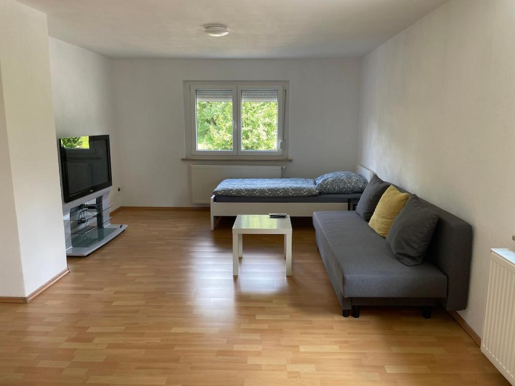 a living room with a couch and a tv at Eigentumswohnung für 5 Personen in Donzdorf