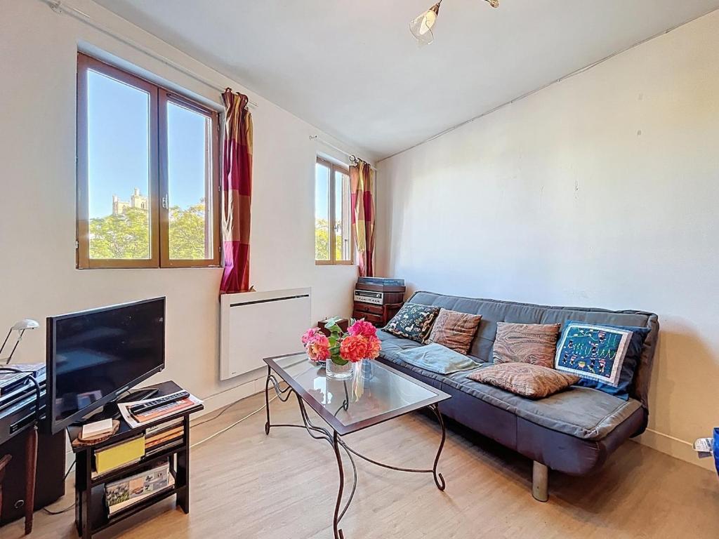a living room with a couch and a tv at Le poli - 6 pers - Centre - vue sur la cathédrale in Narbonne
