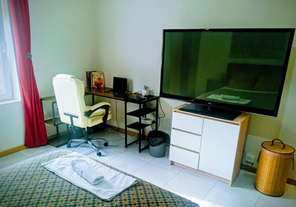 uma sala de estar com uma grande televisão de ecrã plano numa cómoda em Bel appartement à 10 minutes du marché de Noël de Strasbourg em Schiltigheim