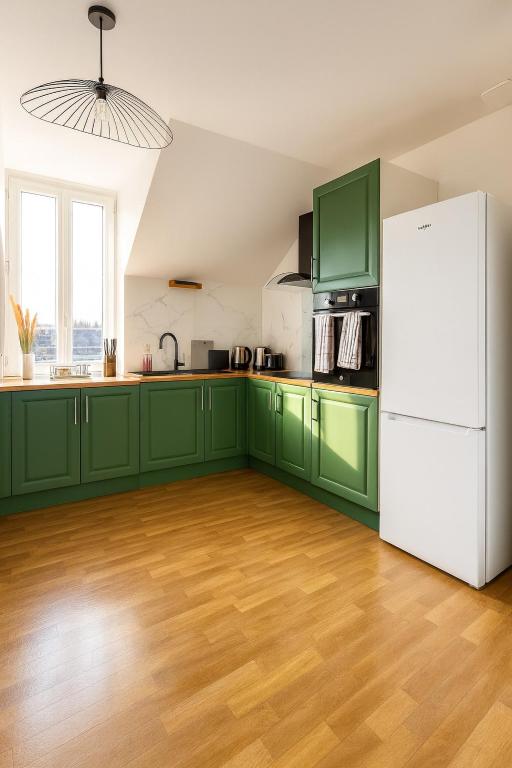 a kitchen with green cabinets and a white refrigerator at Canal apartment ! Close to USON & Pont de Loire Nevers in Nevers