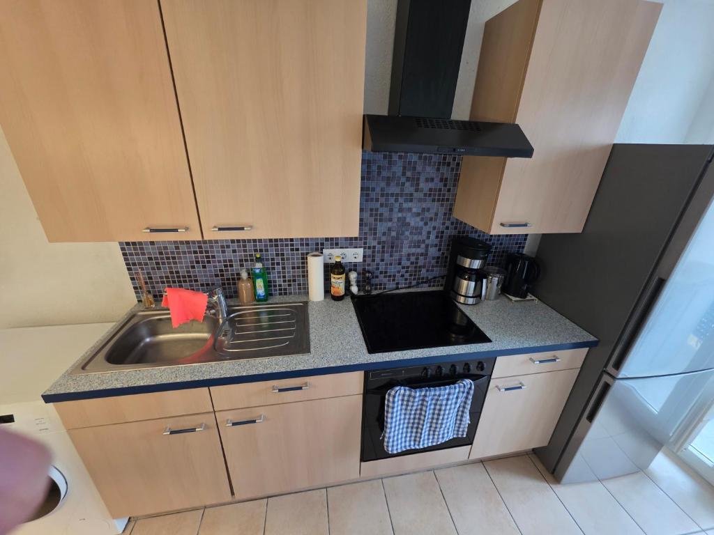 une petite cuisine avec un évier et une cuisinière dans l'établissement Cozy city apartment Neuwied, à Neuwied