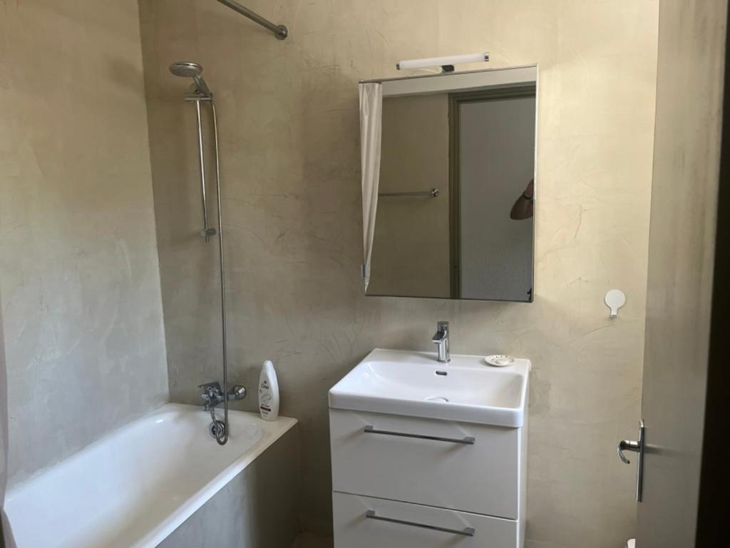 a bathroom with a sink and a mirror at Villa Leda - The Guest Wing in Paphos City