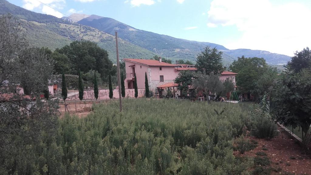 a house in a field with mountains in the background at Agriturismo La Fattoria in San Donato Val di Comino