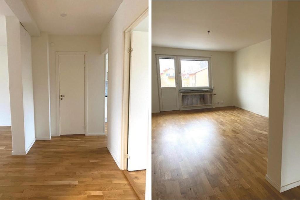 Habitación vacía con suelo de madera dura y puerta en Kungsbacken Apartments AB - Blomstervägen 5B, en Katrineholm