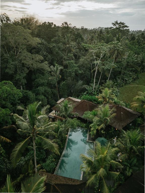 an overhead view of a resort with a swimming pool and trees at Aksmi Suites & Villas in Bedahulu