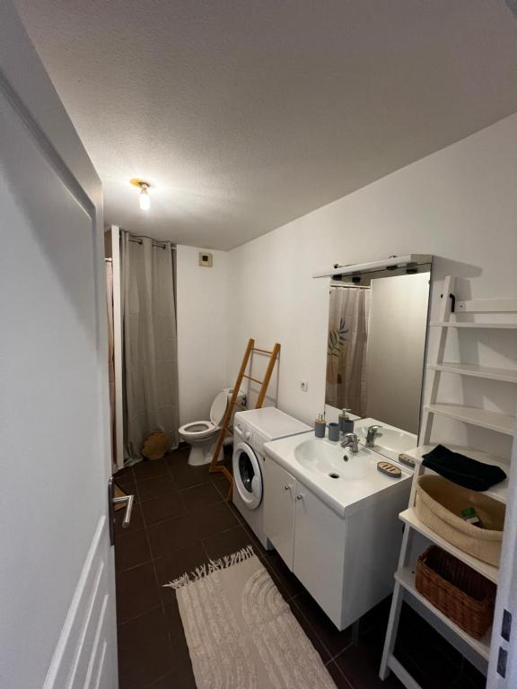 ein Badezimmer mit Waschmaschine und Waschbecken in der Unterkunft Le Petit Bassin in La Teste-de-Buch