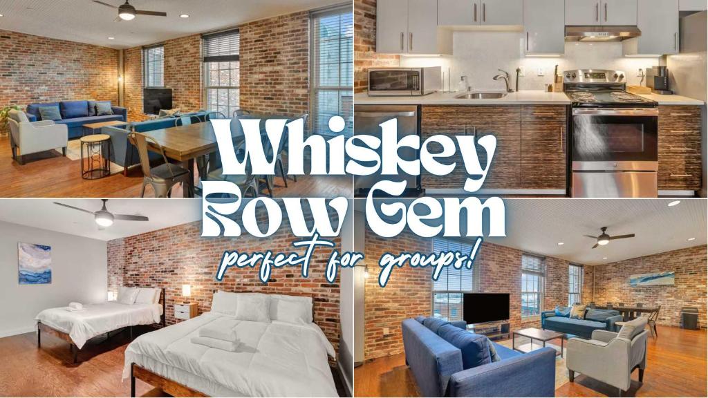 Ideal Spot Near 4th Street Live & Local Dining في لويزفيل: ملصق بصورتين لمطبخ وصالة جلوس