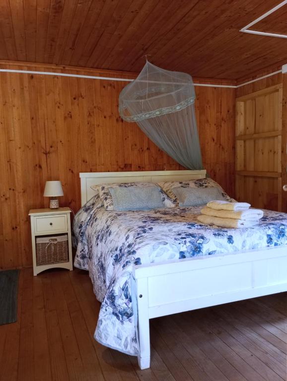 a bedroom with a bed with a mosquito net on it at Palmera el Refugio in Olmué