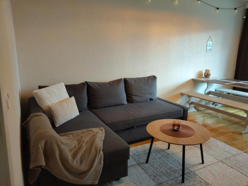 ein Wohnzimmer mit Sofa und Tisch in der Unterkunft Kaksio lähellä keskustaa in Iisalmi