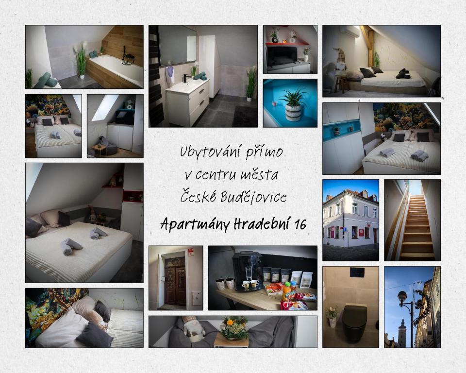 un collage de photos d'une chambre et d'une salle de bains dans l'établissement Apartmány Hradební 16, à České Budějovice