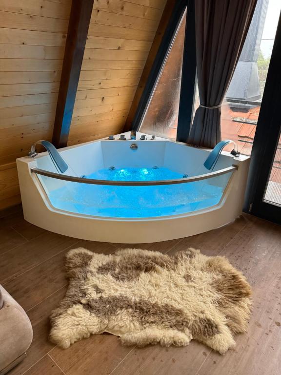 una grande vasca blu in una stanza accanto a una finestra di Beaver lodge - Dabrova Koliba a Bijeljina