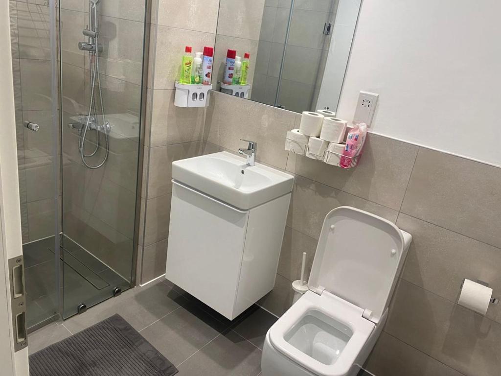 a bathroom with a toilet and a shower and a sink at Waves luxury in Accra