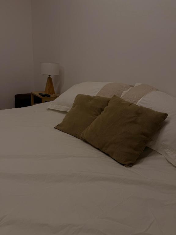 ein weißes Bett mit zwei braunen Kissen darauf in der Unterkunft Cocheras Ezeiza Victoria in Ezeiza