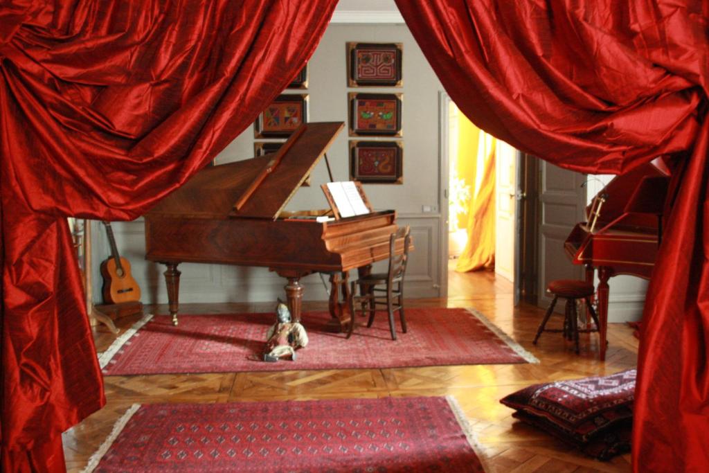 un chien assis à même le sol devant un piano dans l'établissement La Maison bleue, à Rennes