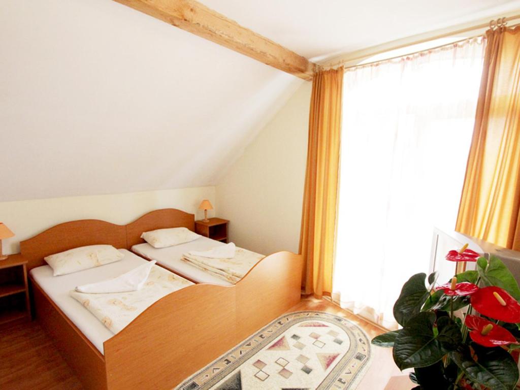 1 dormitorio con 2 camas y ventana grande en Béluci Panzió, en Odorheiu Secuiesc