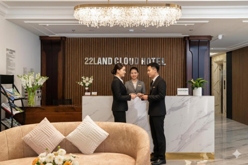 a group of three people standing in front of a lobby at 22 Land Hotel in Hanoi