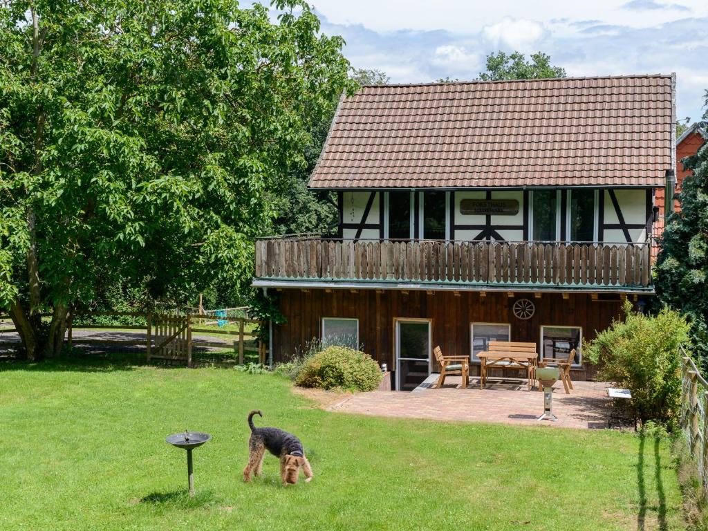 a house with a dog in front of a yard at Forsthaus Halbemark in Bad Sooden-Allendorf