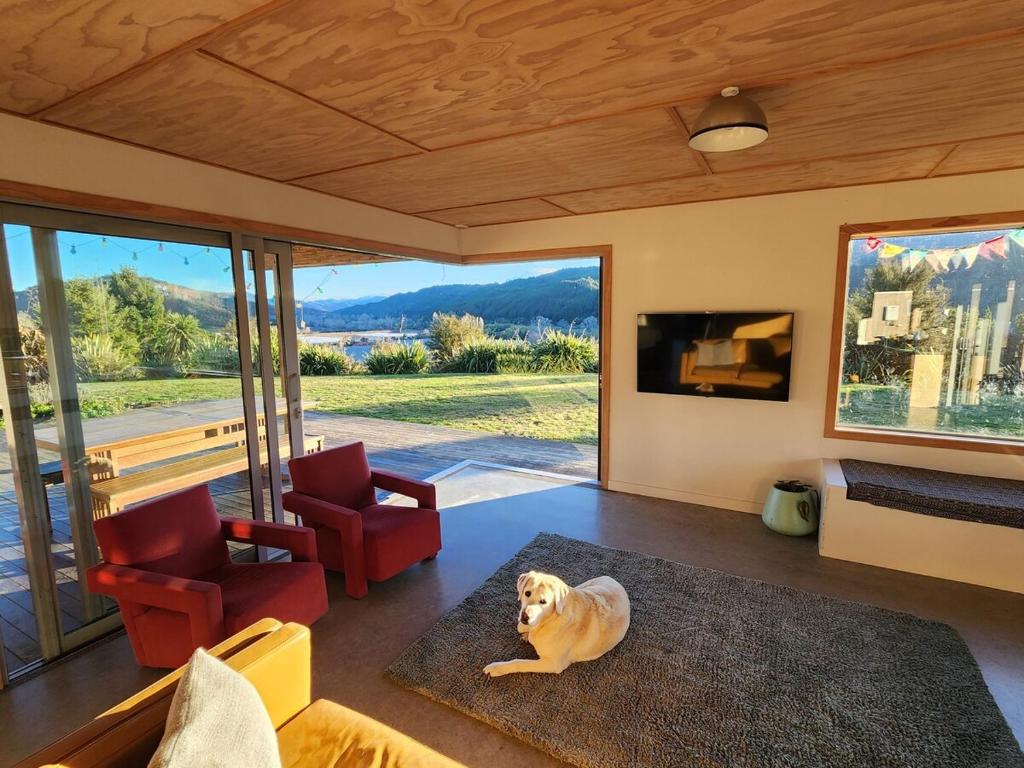a living room with a dog laying on the floor at Stony Ridge Summer Stay in Motueka